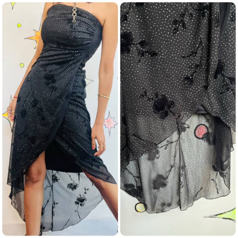 90s Y2K Black Glitter Strapless Fairy Goth Dress - Asymetric Hem Slip - Small