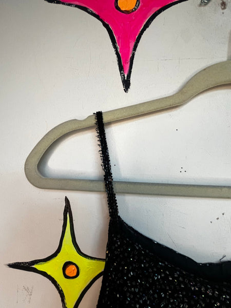 Vintage Black Silk Beaded Gown Glam Old Hollywood Formal Evening Dress M