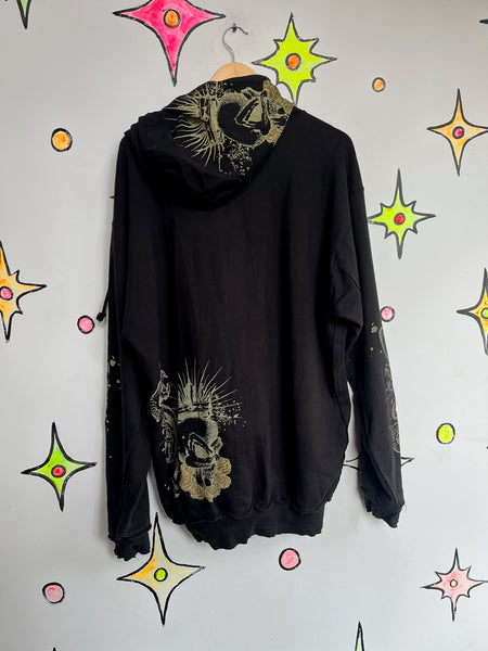 Vintage Y2K Black Mall Goth Grunge Fairy Tattoo Print Affliction Style Hoodie XL+