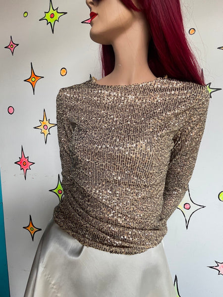 Vintage 90s Y2K Free People Gold Beaded Sequin Top Boho Glam Rockstar M