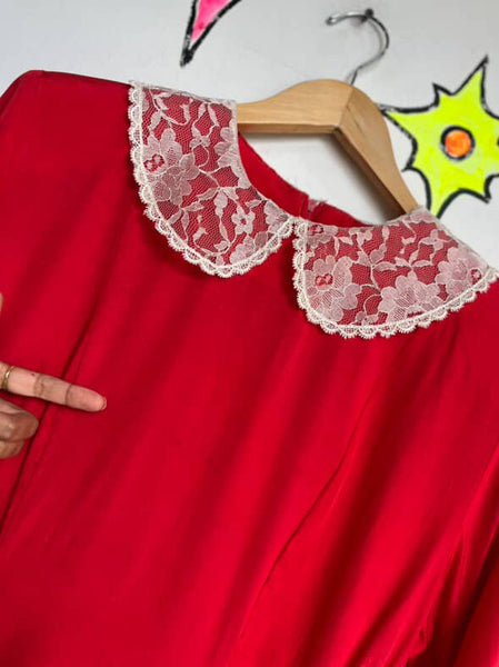 Vintage 80s Secretary Dress - NWT - Babydoll Grunge Cherry Red - Lace Collar - S