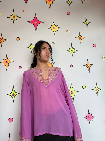 Beaded Silk Blouse Purple Gold Boho Sheer Witchy Luxe Embellished Silk Top 2X