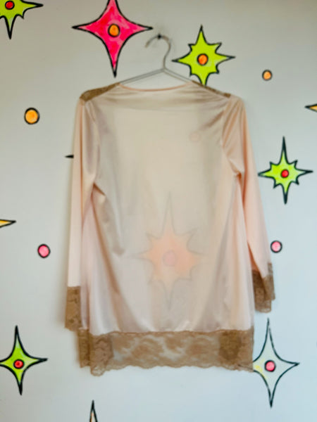 Vintage 70s Pink Lace Robe – Lingerie Nighty Boudoir Bed Jacket Babydoll S