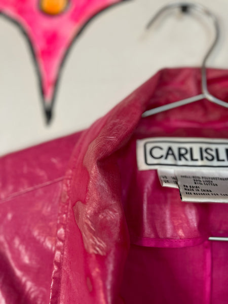 Vintage Pink Glossy Vinyl Zip-Up Barbie Moto Jacket | 90s Plastic Coat | L