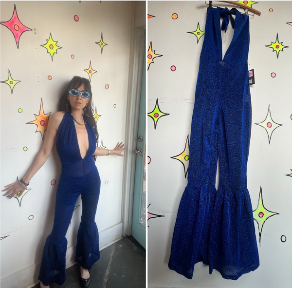 Blue Metallic Glitter Disco Halter Jumpsuit Glam Bellbottom Groovy Retro S