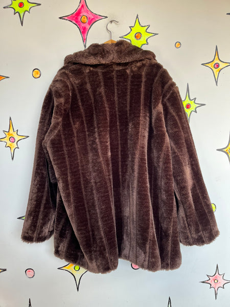 Vintage 70s 80s Y2K Brown Faux Fur Vegan Glam Mob Wife Pinup Boho Grunge Coat X+