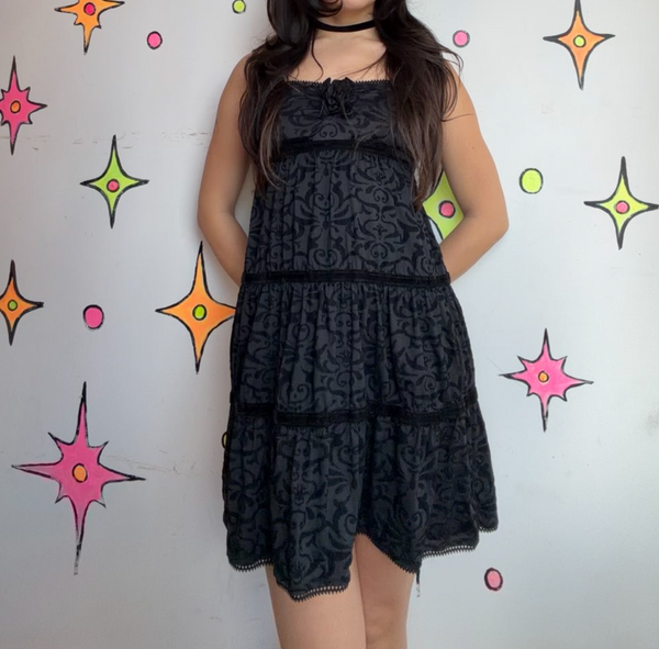 Betsey Johnson Black Velvet Babydoll Dress Whimsy Goth Romantic Grunge Y2K M
