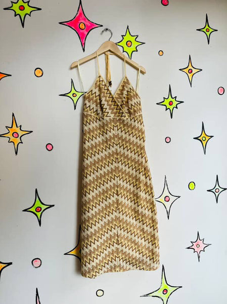 90s Y2K Earth-Tone Zigzag Embroidered Halter Dress - Fairy Grunge - Sz 4