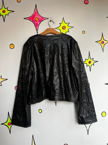 Y2K Vegan Black Faux Leather Jacket Western Embellished Boho Fairy Grunge - XL