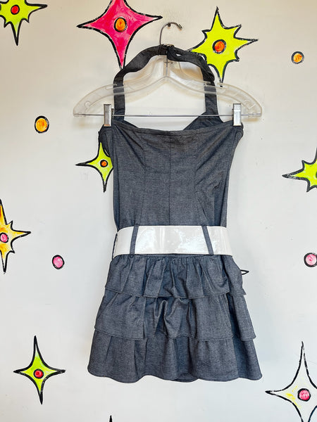 Vintage Y2K Denim Ruffled Halter Mini Dress – Fairy Grunge Coquette – M