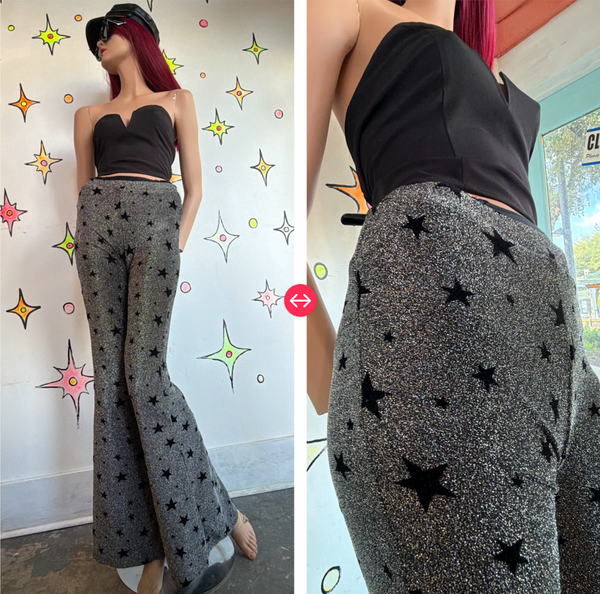 Silver Metallic Velvet Star Bellbottoms Disco Pants Glam Witchy Groovy S