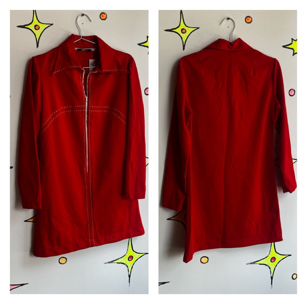 Vintage 60s 70s | Groovy Red Big Collar Mod Disco Zip Up Mini Dress | L XL