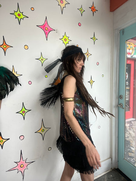 Rainbow Fringe Flapper Dress Metallic 60s GoGo Dancer Party Costume M/L