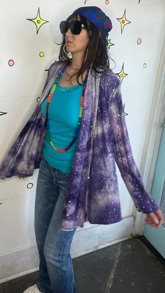 Y2K Purple Bling Tie Dye Duster Open Flowing Fairy Grunge Sparkly Cardigan L/XL