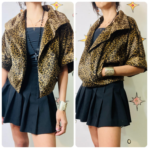 Vintage 90s Y2K Leopard Print Vegan Fur Cropped Coat Boho Grunge Western Glam S