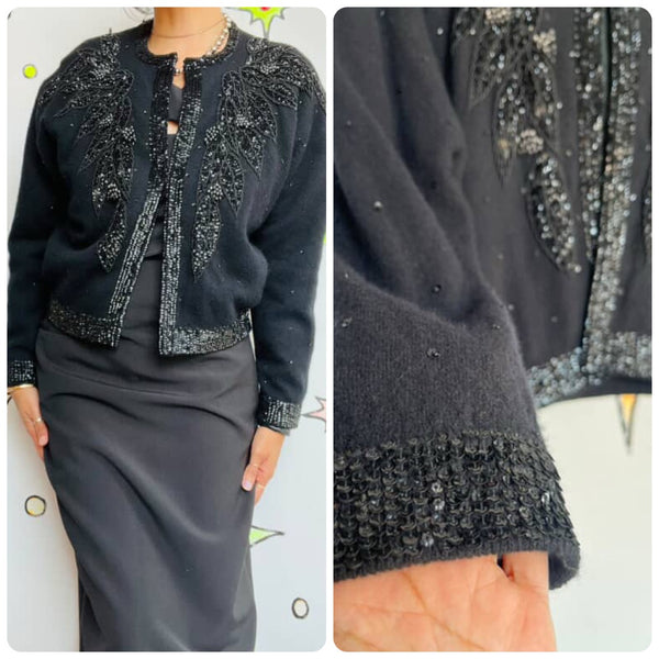Vintage 1950s | Beaded Black Boho Grunge Whimsy Goth Wool Cardigan Sweater | S