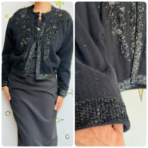 Vintage 1950s | Beaded Black Boho Grunge Whimsy Goth Wool Cardigan Sweater | S