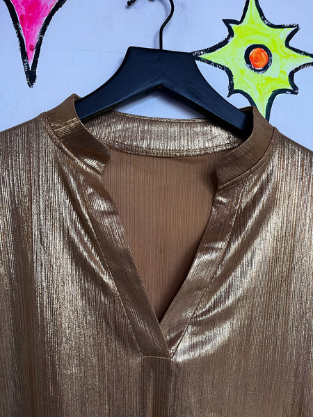 Vintage Y2K Golden Metallic Long Sleeve Blouse | Glam Disco Party Top – XL