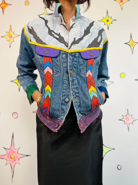 Vintage 80s 90s LEE Denim DIY Hand Painted Boho Grunge Jean Jacket S-M