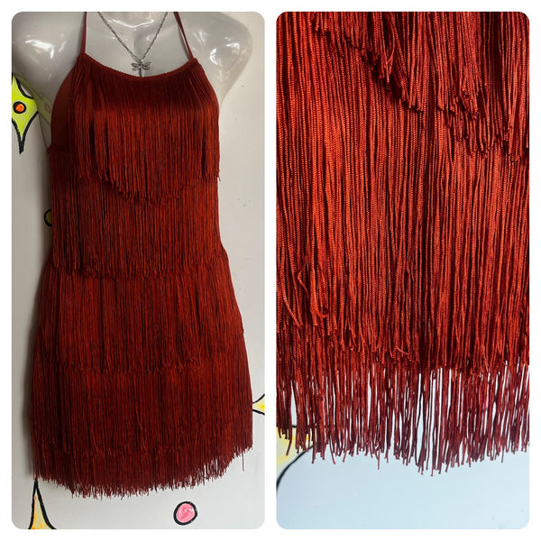 Vintage | Orange Fringe 60s GoGo Girl or 20s Flapper Mini Romper Playsuit | M