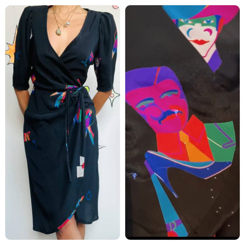 Vintage 1980s Emanuel Ungaro Silk Wrap Dress - Abstract Artwear - LBD - XS/S