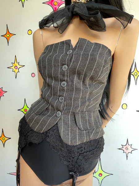 Pinstripe Corset Top Office Siren Academia Preppy Y2K Button Up Bustier - M