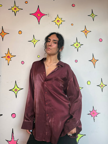 Vintage Burgundy Iridescent Party Shirt 90s Satin Lounge Button Up Men's XL