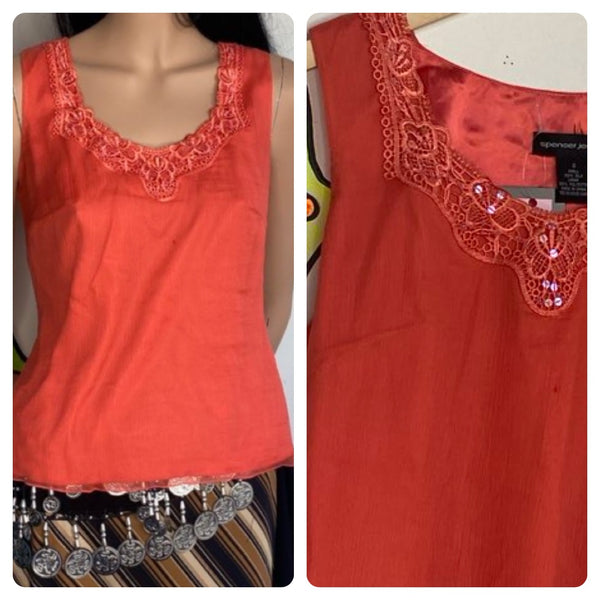 Vintage Orange Silk Beaded Top | Y2K Glam Boho Fairy Grunge Fantasy Blouse - S