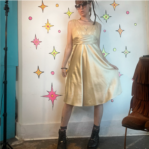 Vintage 90s Gold Glitter Satin Metallic Glam Midi Dress Cocktail Party Dress M
