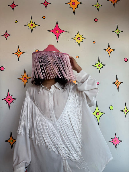 White Fringe Western Shirt | Cowboy Core Rodeo Fringe Button Up Oversized XL