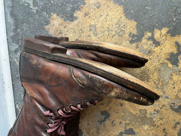 Original WWI Era U.S. Officer's Tall Leather Boots - Vintage Brown Knee-High Men's 12