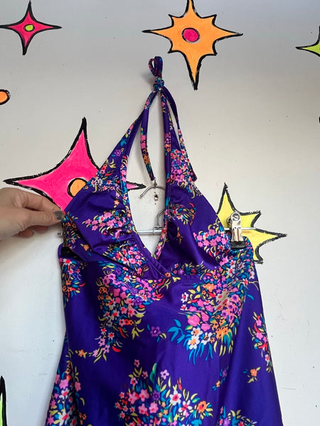 60s Purple Floral Halter Mini Dress Rainbow Mod Psychedelic Go-Go Party Dress S