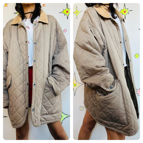 Vintage 90s Oversized Quilted Barber Chore Jacket | Corduroy Detail Streetwear L