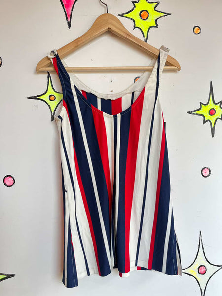 60s 2 piece Swimsuit Set Red White and Navy Nautical - Gidget - Playsuit - Small