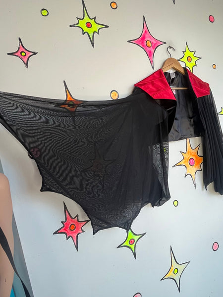 Vampire Cape with Stand Up Red Collar – Black Sheer Bat Sleeves Goth Cosplay XL