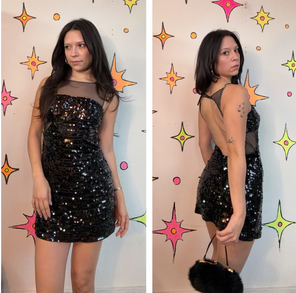 Black Beaded Mini Dress Sheer Cutout Cocktail Party Goth Glam Dress S