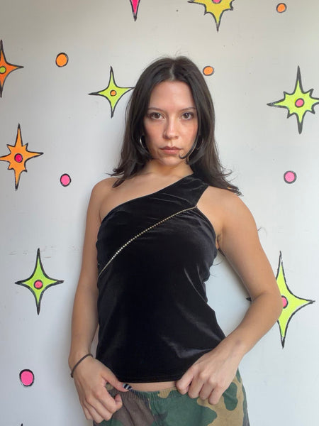 Vintage 90s Black Velvet One Shoulder Top | Goth Grunge Asymmetrical Party Top S