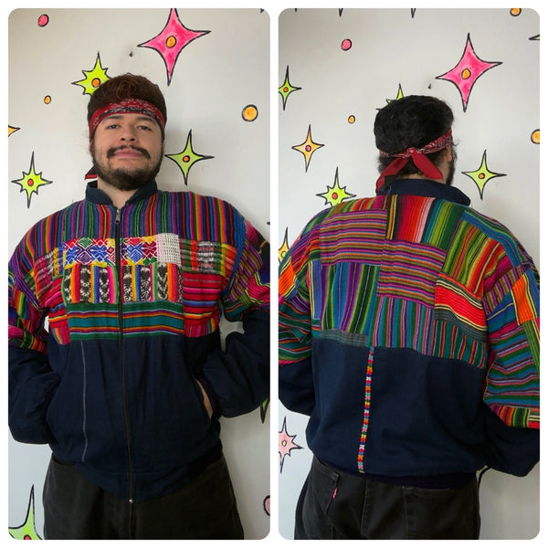 Vintage 80s 90s | Rainbow Patchwork Guatemalan Boho Grunge Bomber Jacket | XL