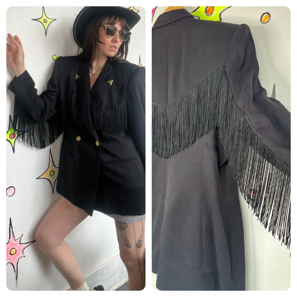 Vintage 80s Western Fringe Blazer Boho Goth Grunge Statement Piece Jacket - L