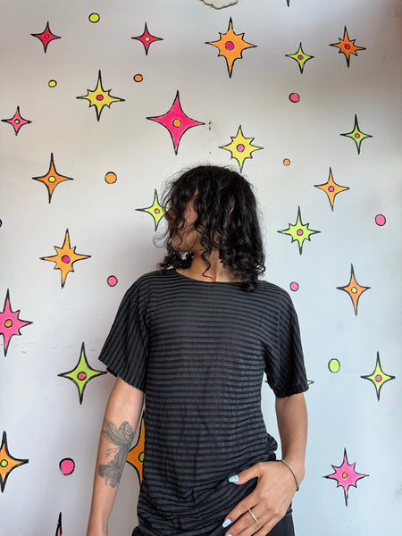 X-TACY Sheer Striped Tee Y2K Mall Goth Indie Sleaze Oversized T Shirt M