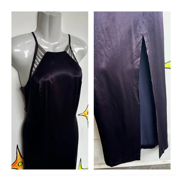 Vintage 90s | Purple Satin Full Length Slip Dress with Slit Cocktail Prom | 6/8