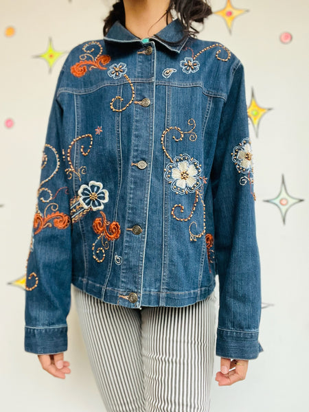 Vintage 90s Y2K Floral Embellished Denim Jacket Boho Fairy Grunge Jean Jacket L
