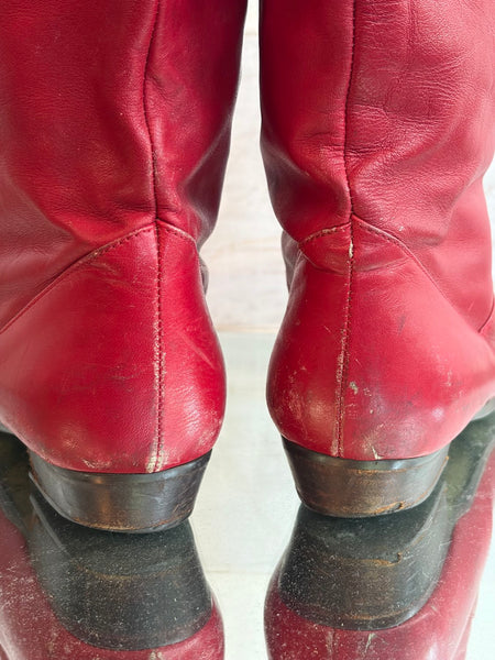 Vintage 80s Cherry Red Leather Boots Classic Riding Western Boots Rocker Glam 7