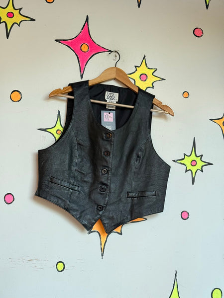 Vintage Black Leather Vest Western Biker Rocker Moto Grunge Vest S/M