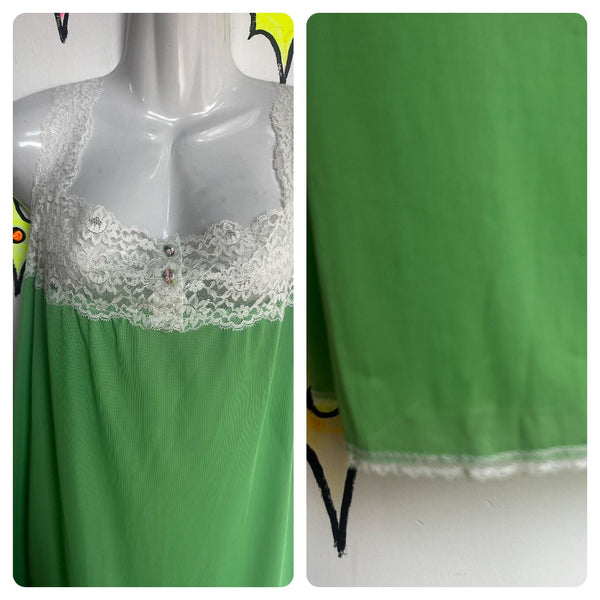 Vintage 60s 70s | Green Nylon & Lace Babydoll Fairy Grunge Nighty Slip Dress | M