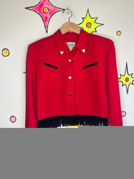 Vintage Rockabilly Red & Black Western Fringe Top Cropped Cowgirl Grunge M