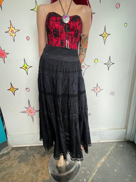 Lace & Beaded Black Cotton Maxi Skirt Whimsigoth Fairy Grunge Witchy Western M