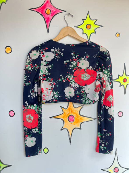 Groovy 60s/70s Navy Floral Crop Top Bolero - Long Sleeve Vintage Charm