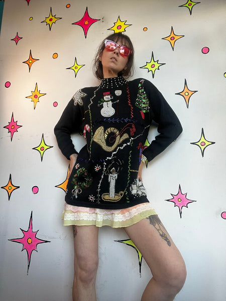 Vintage 80s Embellished Christmas Sweater Ugly Tacky Holiday X Mas Party M