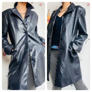 90s Navy Blue Vegan Leather Trench Coat - Clockhouse - Emo Grunge Revival UK 14